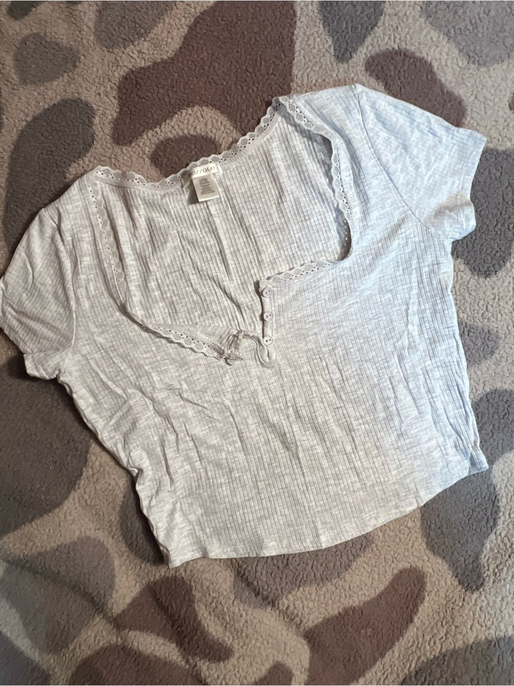 Bozzolo Light Gray Ribbed Lace-Trim Crop Top